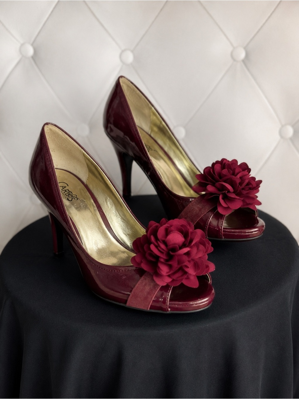Women's Burgundy Peep-Toe Heels with Floral Accent